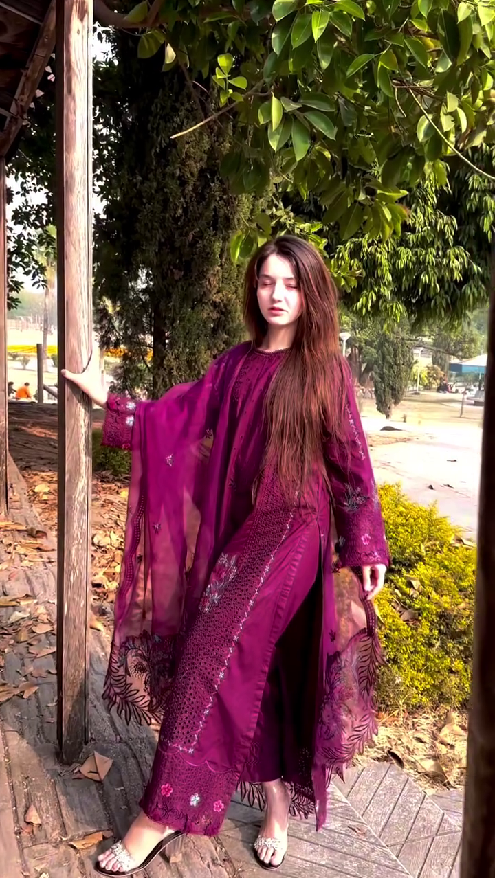 Royal Plum: Luxurious Chikankari Ensemble with Contemporary Flair