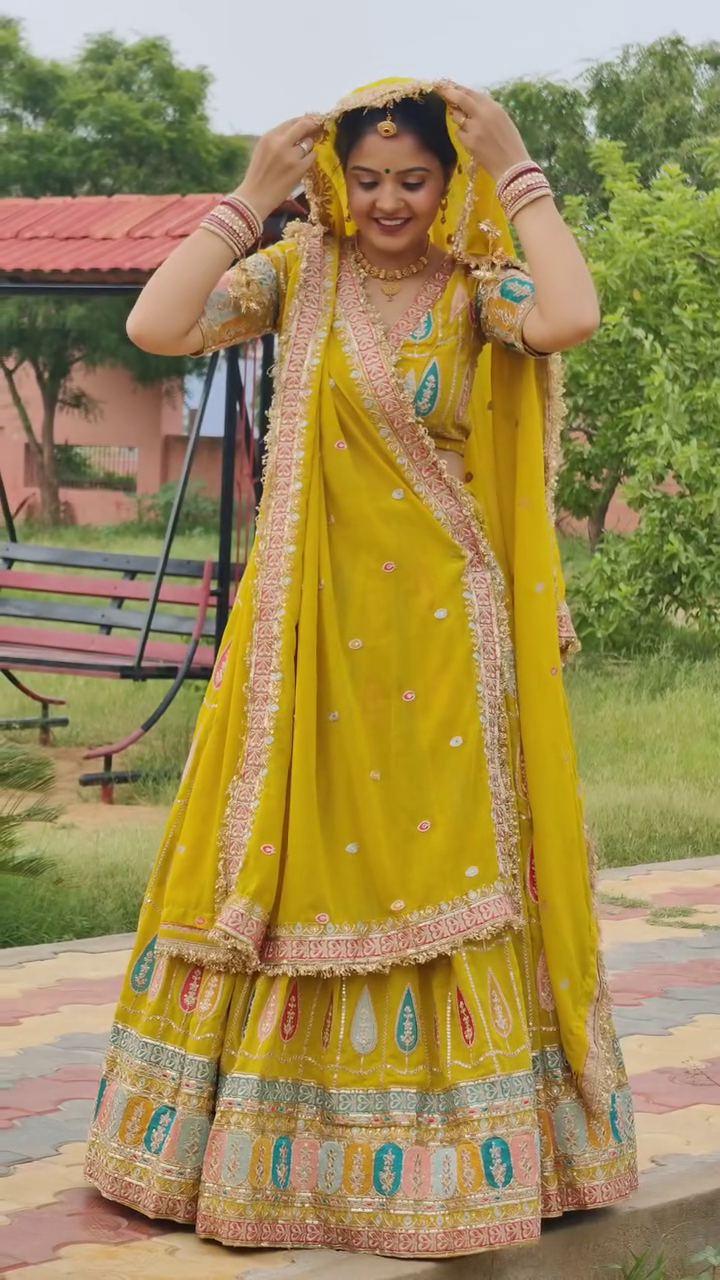 Sunshine Royalty: Traditional Rajasthani Bridal Lehenga in Mustard Yellow - Image 4
