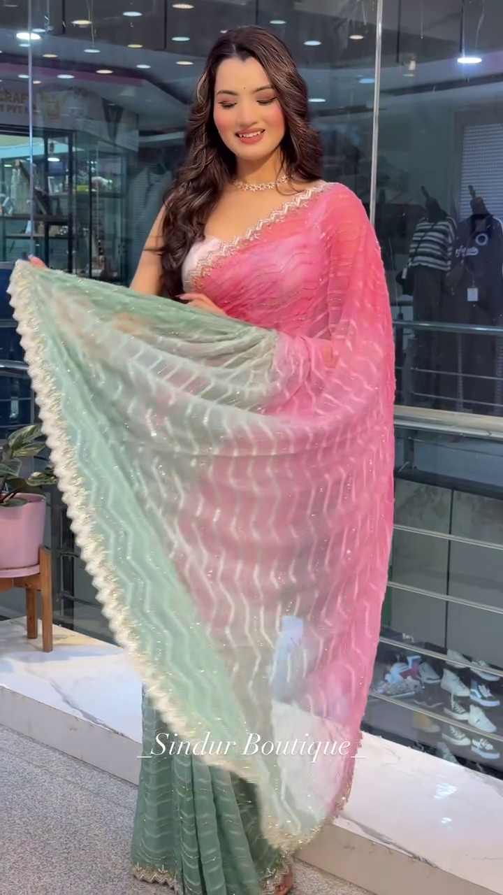 Rose Mist: Ombré Organza Saree with Chevron Shimmer - Image 2