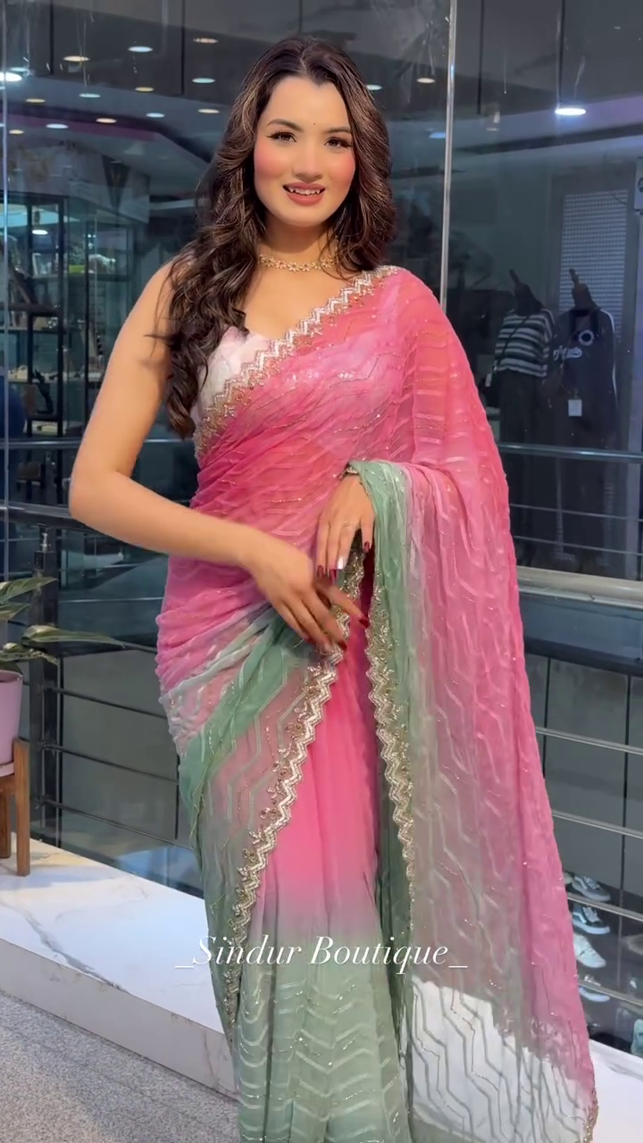 Rose Mist: Ombré Organza Saree with Chevron Shimmer