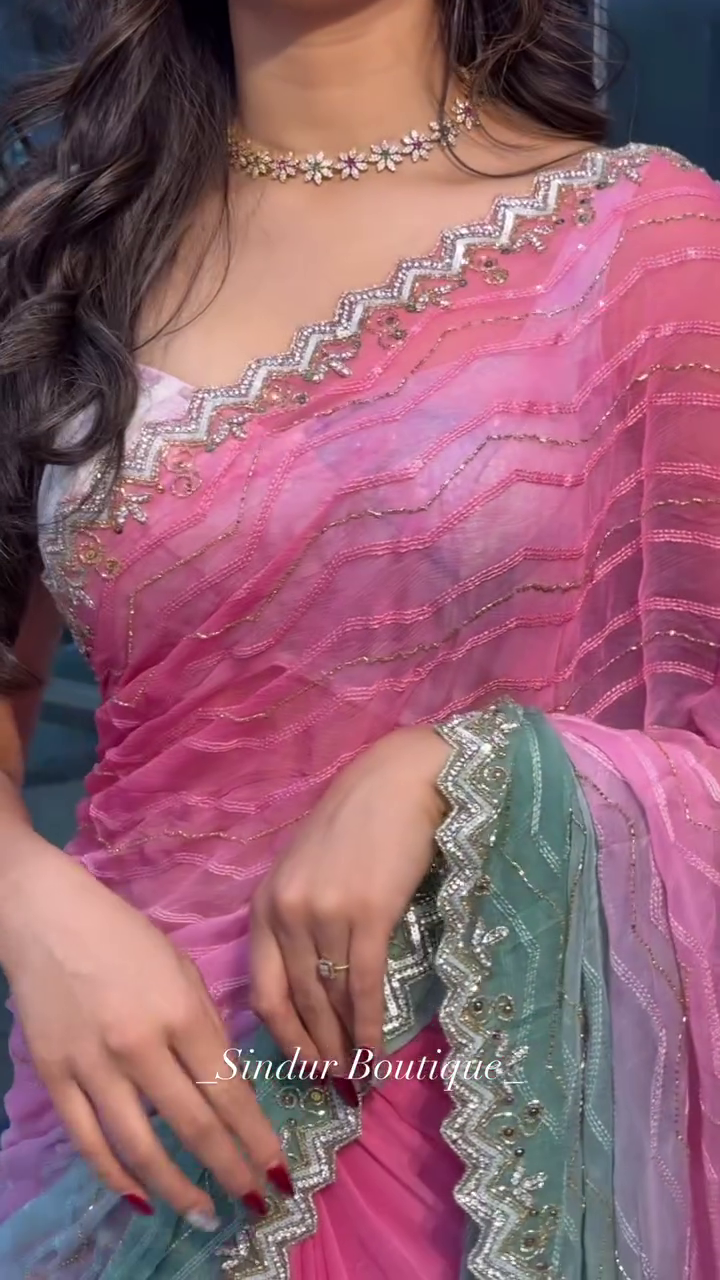 Rose Mist: Ombré Organza Saree with Chevron Shimmer - Image 4