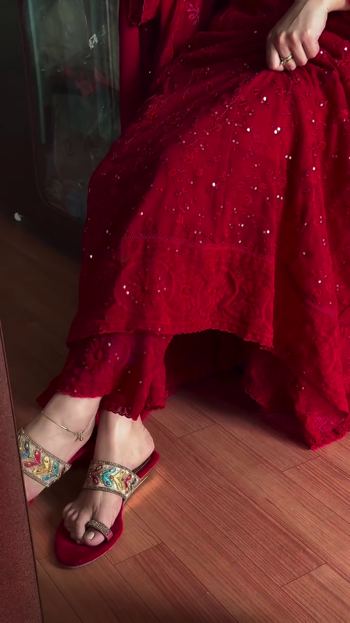 Elegant Chinon Silk Red Sharara Dress for Karwa Chauth – A Perfect Blend of Tradition and Glamour - Image 2