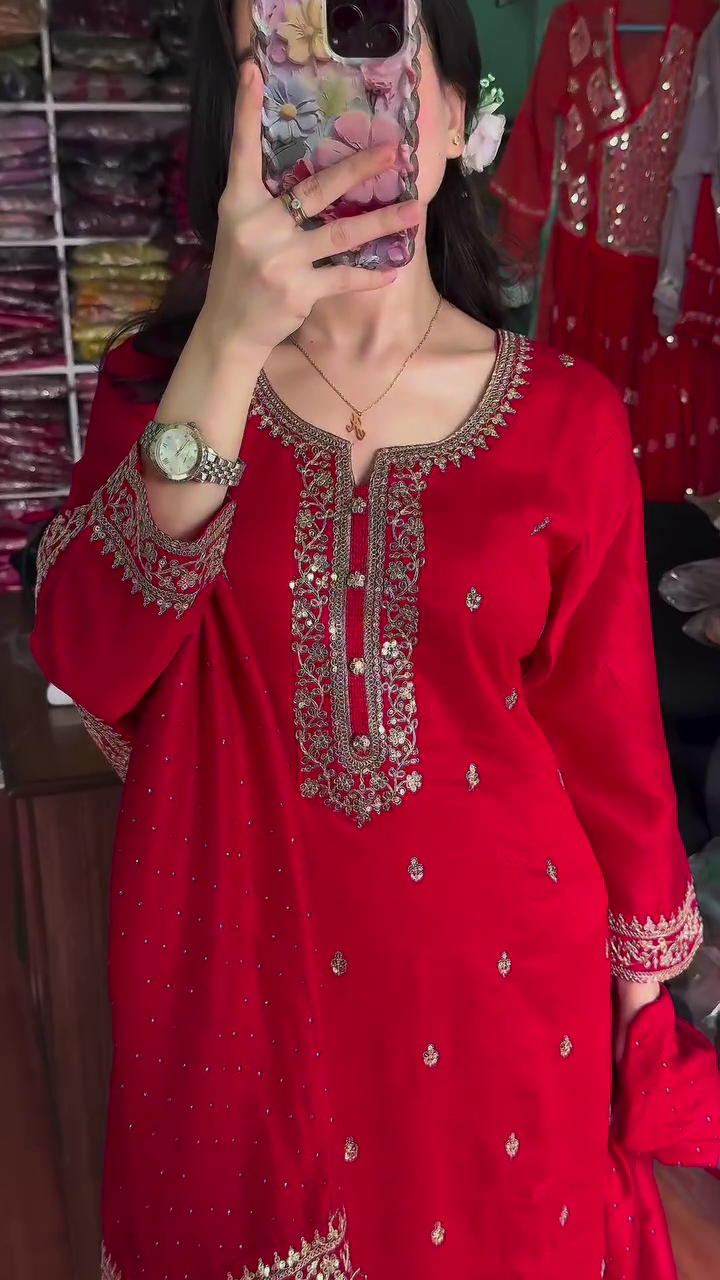 Elegant Chinon Silk Red Sharara Dress for Karwa Chauth – A Perfect Blend of Tradition and Glamour - Image 3