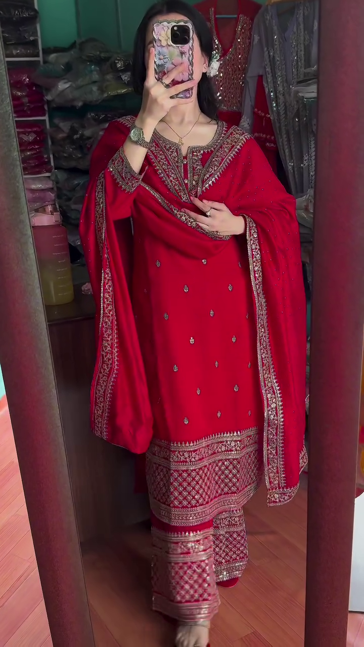 Elegant Chinon Silk Red Sharara Dress for Karwa Chauth – A Perfect Blend of Tradition and Glamour
