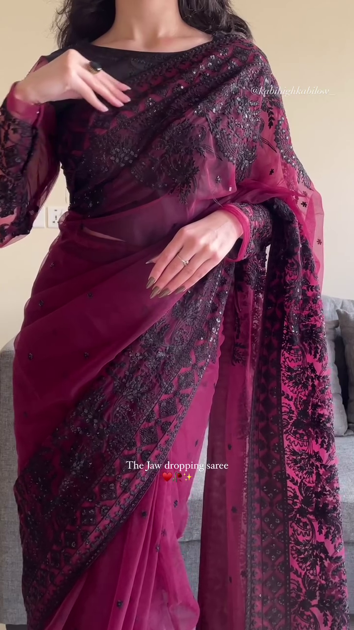 Exquisite Raspberry Wine Floral Patterned Stone Work Saree – A Perfect Blend of Elegance and Glamour - Image 2