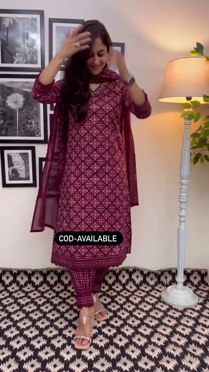 Elegant Wine Color Floral Cotton Afghani Suit Set – Comfortable & Chic for Every Occasion - Image 4