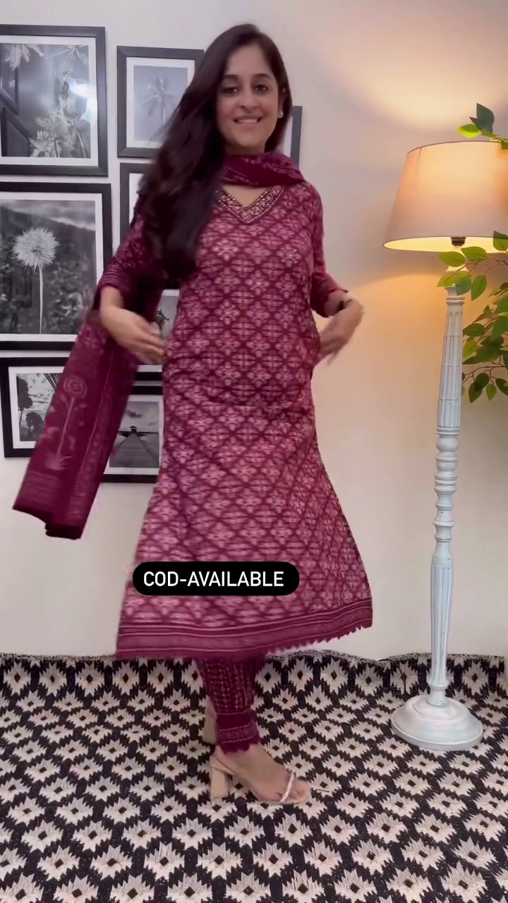 Elegant Wine Color Floral Cotton Afghani Suit Set – Comfortable & Chic for Every Occasion - Image 2