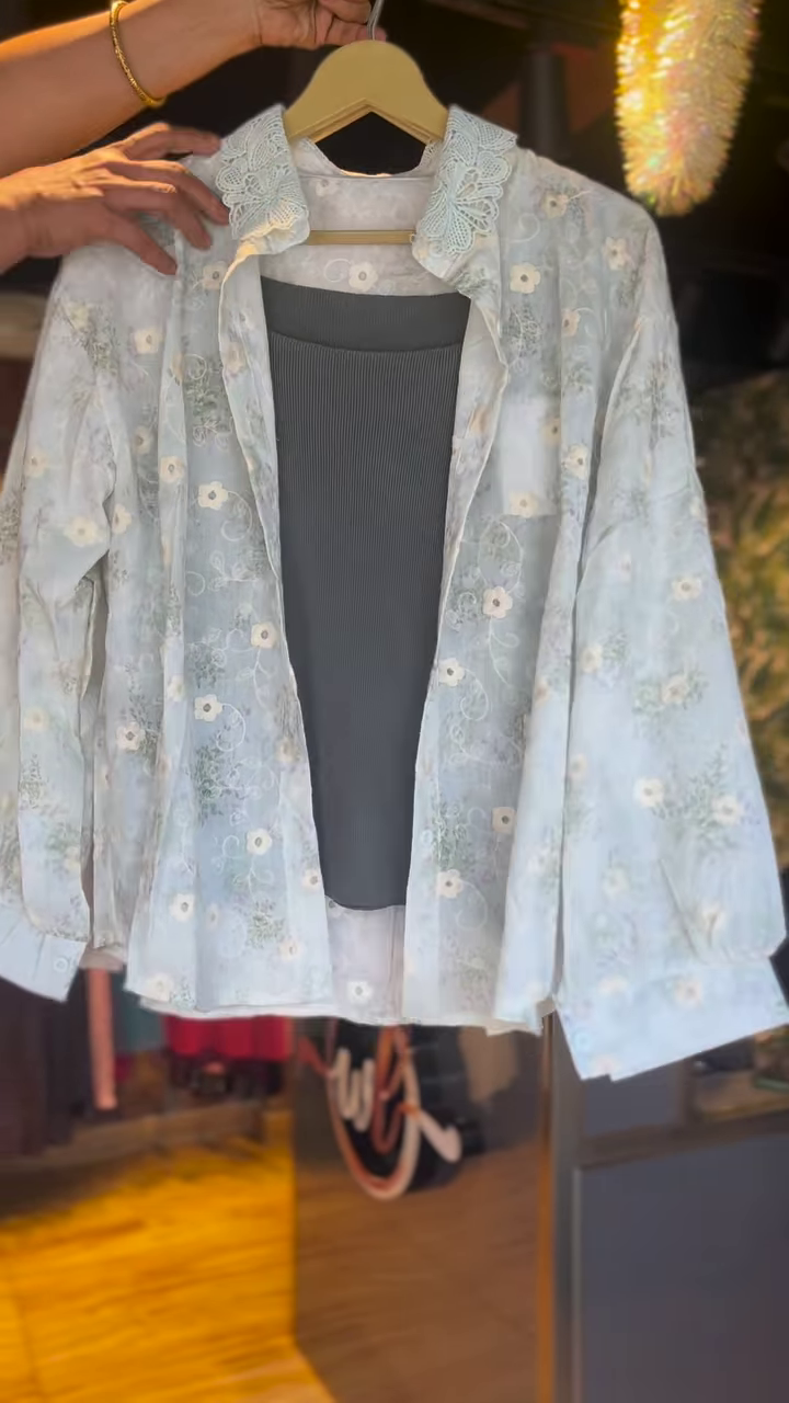 Sheer Floral Embroidered Button-Down Shirt with Lace Collar – Elegant Layering Piece for Everyday Grace