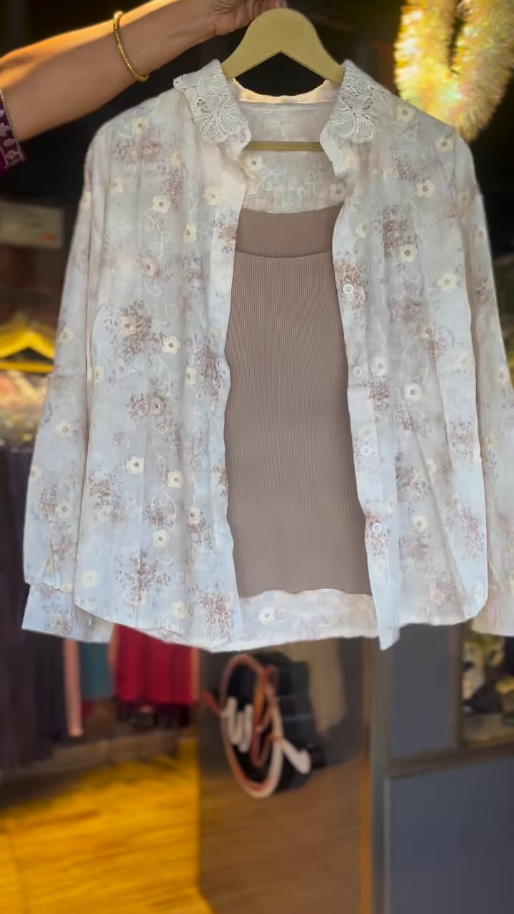Sheer Floral Embroidered Button-Down Shirt with Lace Collar – Elegant Layering Piece for Everyday Grace - Image 2