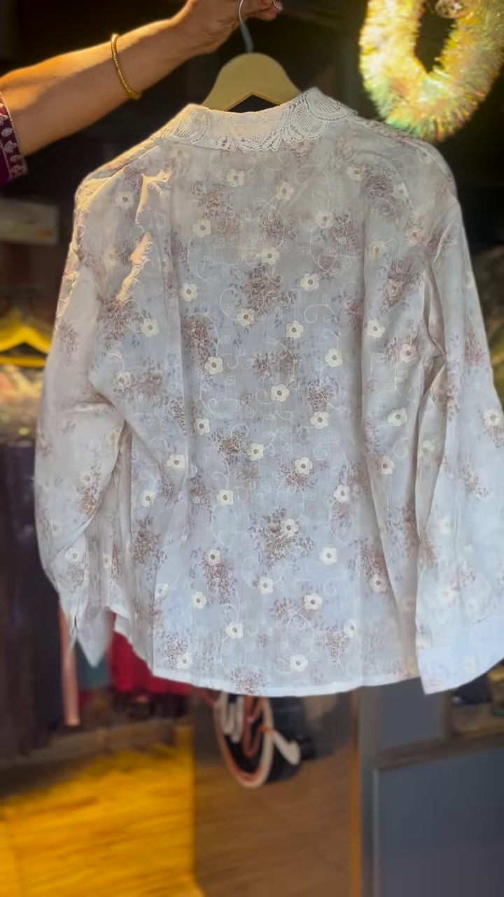 Sheer Floral Embroidered Button-Down Shirt with Lace Collar – Elegant Layering Piece for Everyday Grace - Image 3