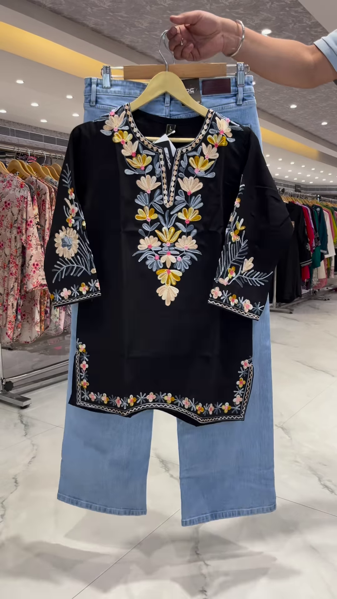 πΈ Elegant Multicolor Embroidered Black Kurti with Denim Pants β Fusion Chic Collection πΌ