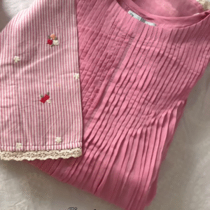 Blush Pink Hand-Pleated Kurti Set with Embroidered Striped Dupatta