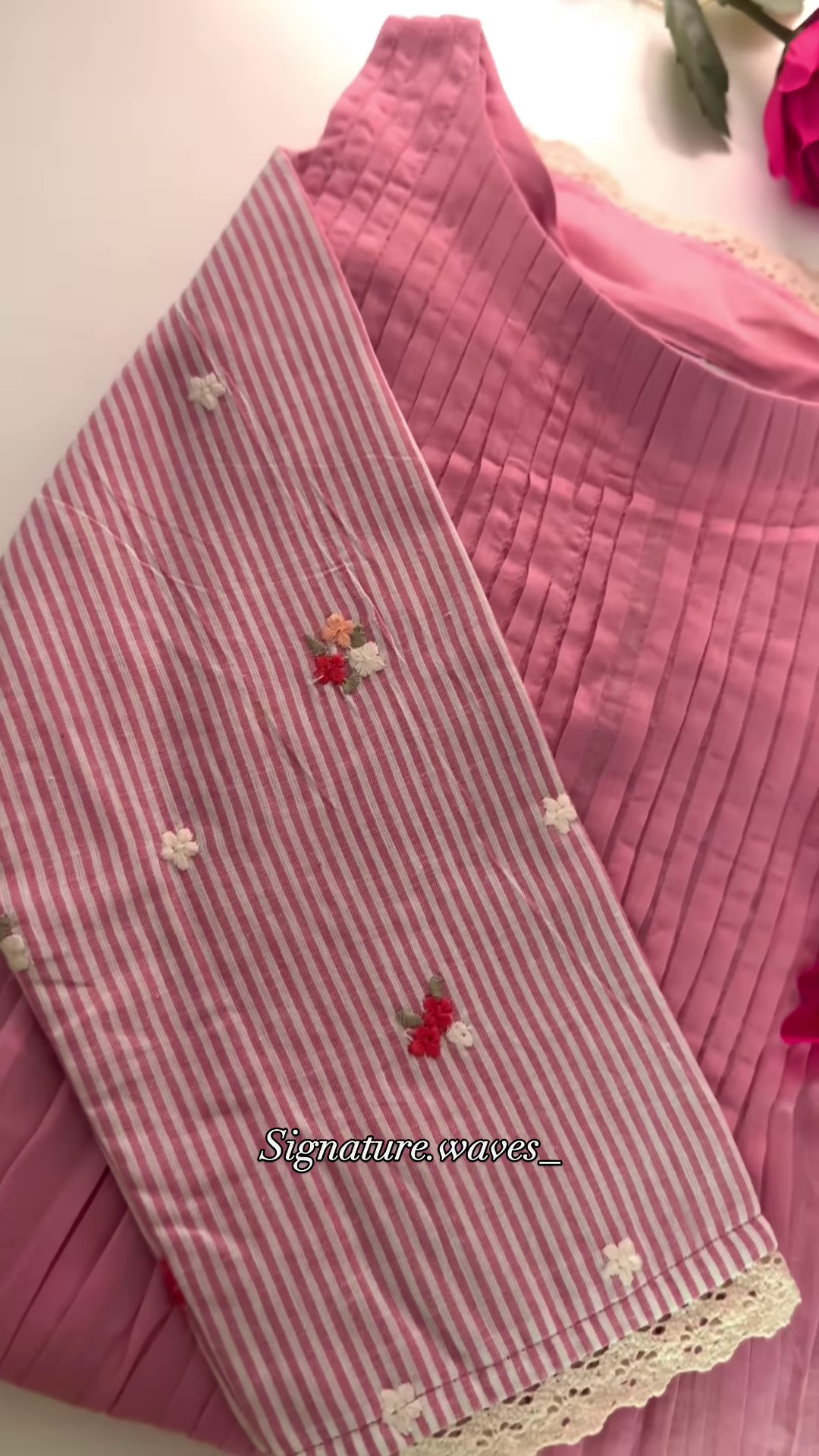 Blush Pink Hand-Pleated Kurti Set with Embroidered Striped Dupatta - Image 3