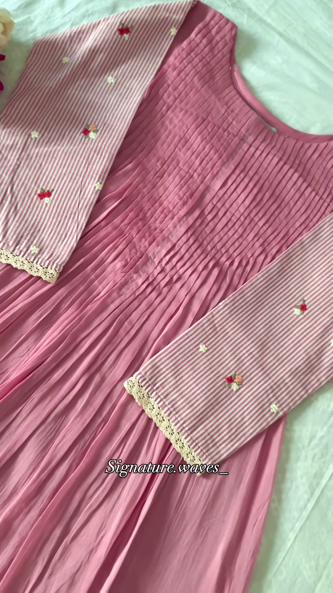 Blush Pink Hand-Pleated Kurti Set with Embroidered Striped Dupatta - Image 4