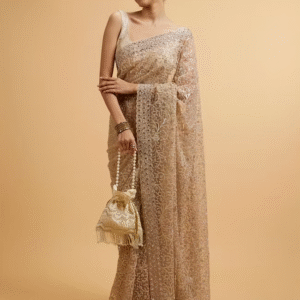 Beige Bel Buti Patterned Stone Embellished Saree