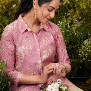 Pink Printed Silk Blend A-Line Kurti – A Fusion of Elegance and Comfort