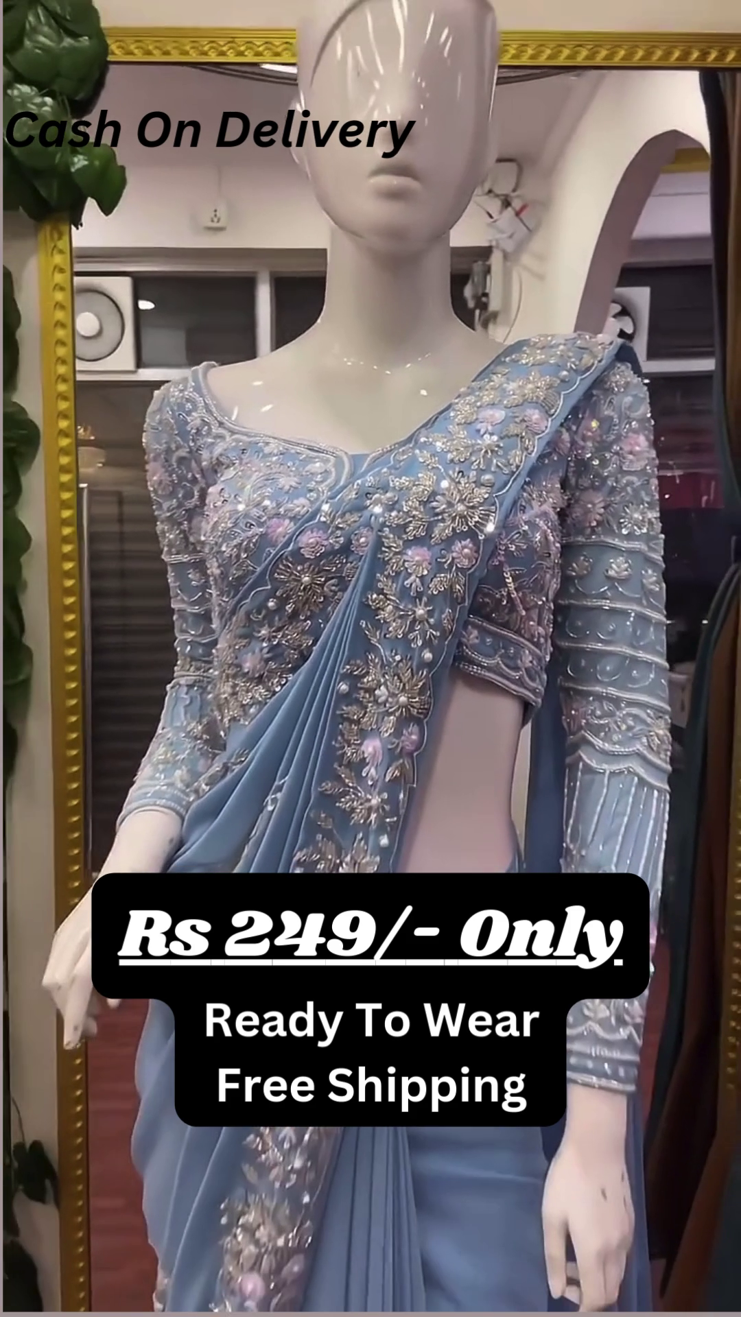 Mesmerizing Sky Blue Embroidered Saree – A Blend of Grace and Glamour - Image 3