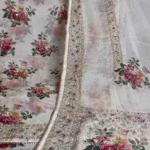 White Soft Tissue Silk Saree with Scalloped Sequins Zardozi Pearl Handwork – A Timeless Masterpiece of Elegance