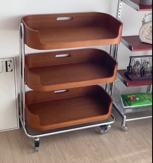 🪵 RollEase™ 3-Tier Wooden Storage Trolley – Elegant Organization on Wheels