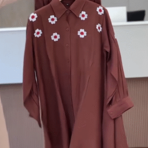 🤎 Brown Linen Cord Set – Button-Down Shirt with White Flower Embroidery & Matching Trousers 🌼✨