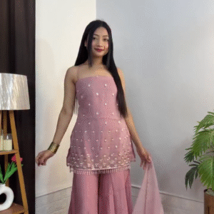 🌸 FIORRA Women’s Light Pink Crush Organza Handwork Straight Kurta Set with Dupatta – Elegant & Ethereal 🌸