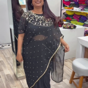 🖤 Black Georgette Pre-Draped Saree with Necklace-Style Embroidered Cape Blouse – Elegant & Effortless 🖤