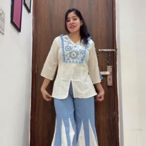 🌸 Grace in Every Thread: Floral Embroidered Pure Cotton V-Neck Tunic with Palazzo Co-Ords 🌿