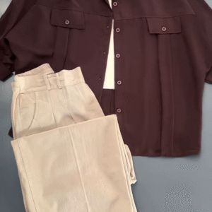 🤎 Effortless Earth-Tone Elegance: Beige Wide-Leg Pleated Trousers with Dark Brown Button-Up Shirt ✨