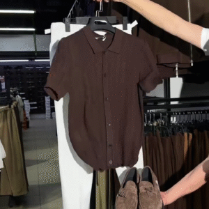 🤎 Brown Knit-Textured Button-Through Shirt – The Perfect Top to Style with a Shouse Combo