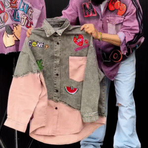 💙 Patchwork Denim Jacket – Bold Street Style with a Vintage Twist