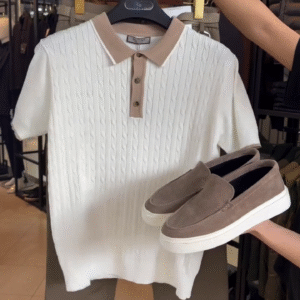 Sophisticated Comfort: Cream Cable-Knit Polo with Dark Trousers