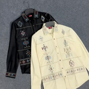 Western Elegance: Long-Sleeved Shirt with Geometric Embroidery
