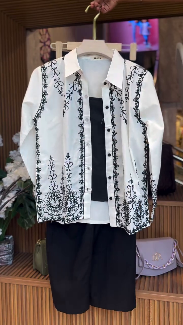 Bold & Refined: Black Floral Embroidered Casual Shirt with Trousers