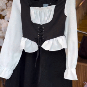 🖤 Monochrome Muse 3-Piece Co-Ord Set – Chic Corset Top, Blouse & Layered Skirt 🖤