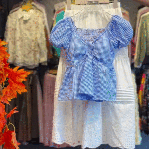 💙 Bluebell Picnic Co-Ord Set – Gingham Puff Top & Lace Midi Skirt 💙