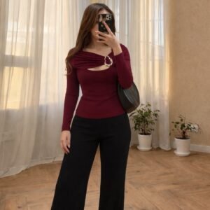 Bold Elegance Redefined – Asymmetric Neck Long Sleeve Top for a Modern Statement