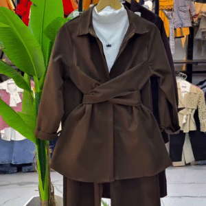 Modern Power Dressing – Brown Wrap-Style Jacket with Matching Trousers