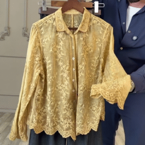 Elegant Contrast – Yellow Embroidered Lace Shirt with Charcoal Grey Wide-Leg Trousers