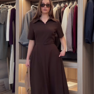 Chic & Feminine – Brown Belted Flared Dress with Pack Detailing