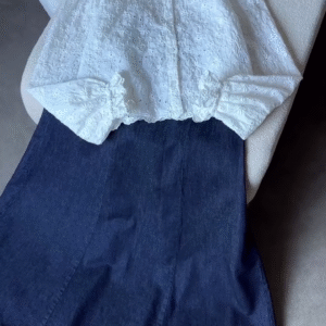 Effortless Chic – White Embroidered Top with Dark Blue Denim A-Line Skirt