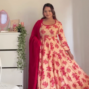 Graceful Ethnic Charm – Floral Printed Pure Cotton Anarkali Kurta Set with Trousers & Contrasting Dupatta