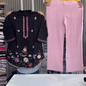 Dark Green Tunic with Pink Floral Embroidery & White Trousers – Elegant Ethnic Co-Ord Set