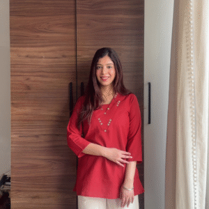 ❤️ Effortless Elegance: Red Cotton Tunic Co-ord Set with Embroidered White Palazzos