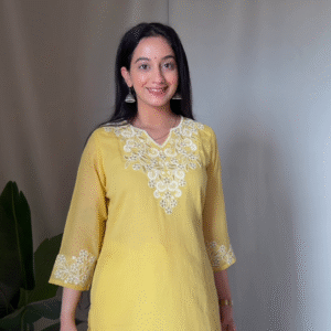 💛 Radiant Ethnic Charm: Yellow Embroidered Cotton Kurta with Matching Palazzo Pants