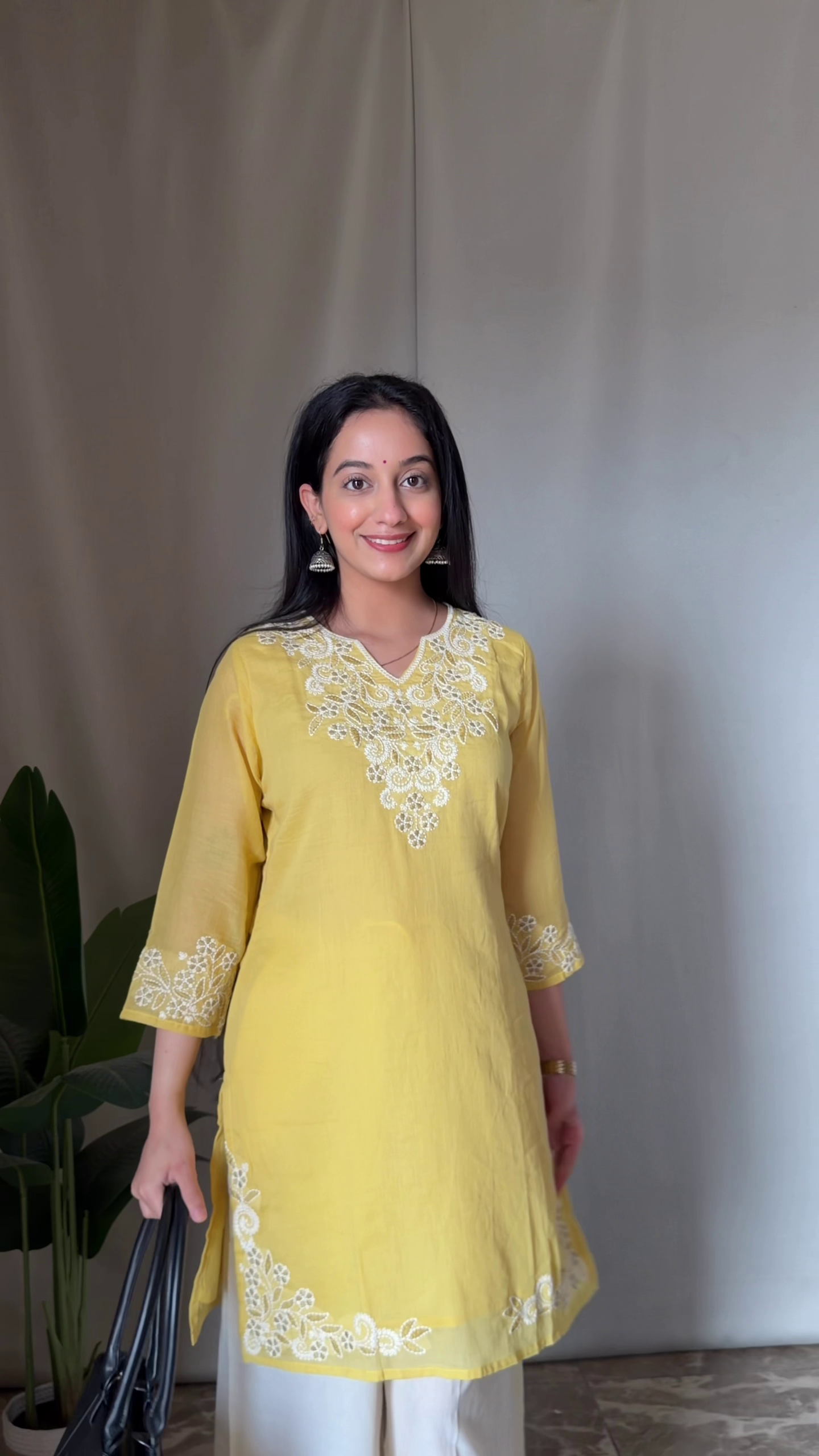 π Radiant Ethnic Charm: Yellow Embroidered Cotton Kurta with Matching Palazzo Pants