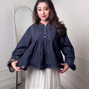 💙 Effortless Fusion: Denim Top Paired with a Flowing White Skirt