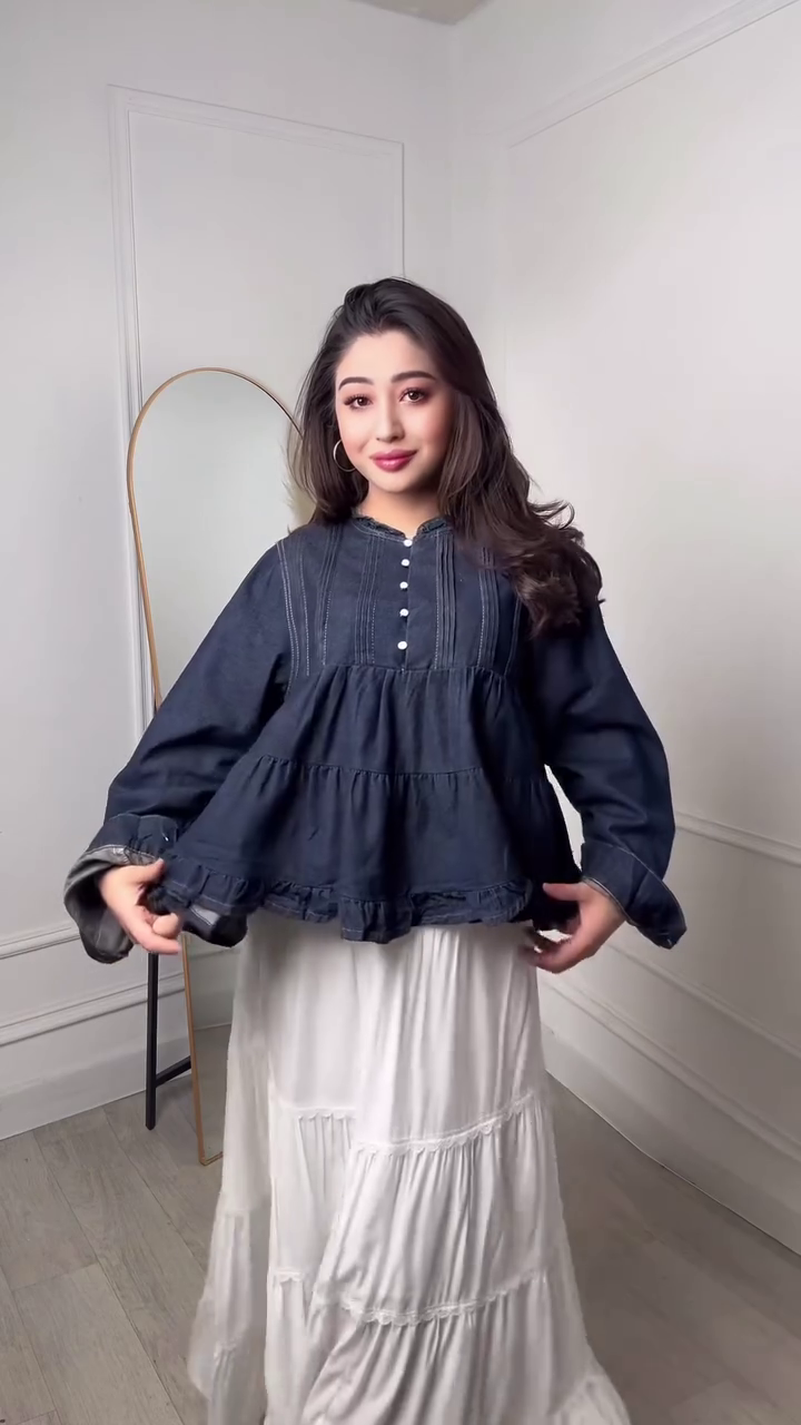 π Effortless Fusion: Denim Top Paired with a Flowing White Skirt