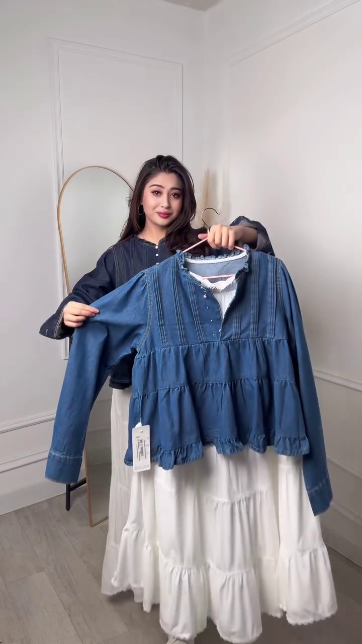 π Effortless Fusion: Denim Top Paired with a Flowing White Skirt - Image 2