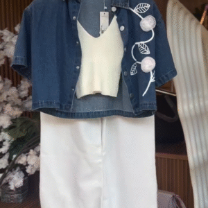 💐 Effortless Chic: Embroidered Denim Crop Jacket with White Tank & Trousers