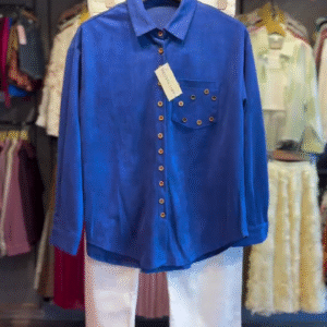 💙 Crisp & Polished: Blue Button-Down Shirt with White Trousers Set